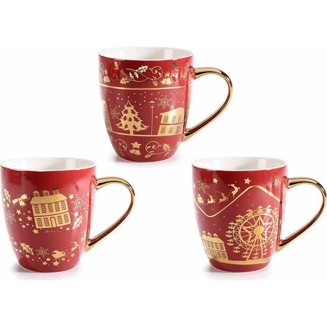 Tasses de Noël en porcelaine imprimées avec décors et anse façon or brillant, lot de 3, diam. 9,5 cm x H. 10,5 cm