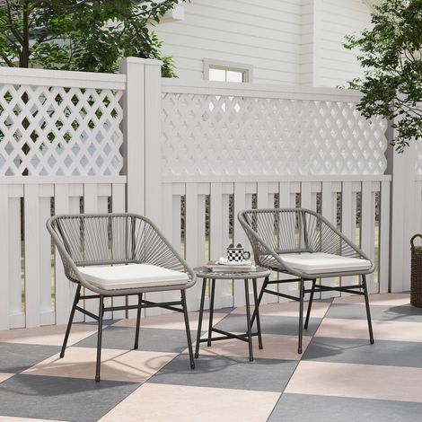 Ensemble de mobilier de jardin 3 pièces, 1 table, 2 chaises, rotin tressé, structure en acier, table basse avec plateau en verre, gris foncé