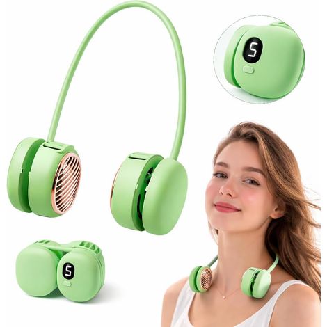 Wiederaufladbarer Nackenventilator mit 5 Geschwindigkeitsstufen und LED-Anzeige ideal für Reisen, Sport und den Bürogebrauch (grün). (1/3)