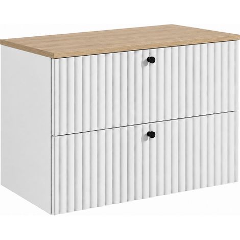 Mobile sottolavabo sospeso 80 cm, 2 cassetti, con piano, chiusura ammortizzata, Bianco / piano Rovere Chiaro, maniglie nere, 80 x 44,4 x 58,6 cm (1/5)