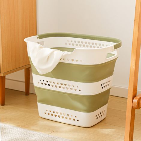 Panier à Linge Pliable 42 L en Plastique avec Poignées, Corbeille Respirante et Légère pour Maison et Salle de Bain, Vert (1/5)