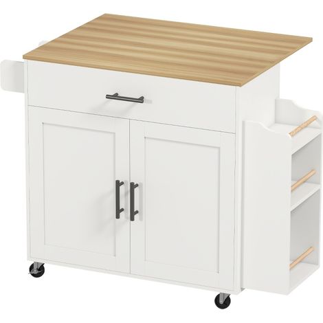 Isola da cucina bianca su ruote con piano ribaltabile, cassetto e vano 120 cm (1/4)