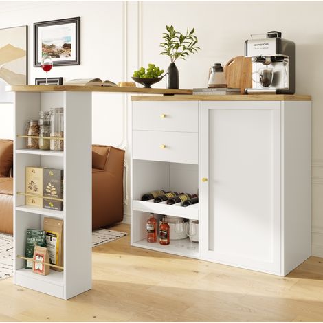 Drehbarer Bartisch 105x39x102 cm weiß aus MDF mit 4 Schubladen, offenen Regalen und goldfarbenen Griffen (1/5)