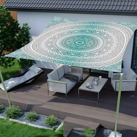 Voile d'ombrage rectangulaire 2m x 2,4m, motif mandala, imperméable, dégradé vert, protection UV. (1/5)