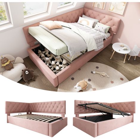 Divano letto in velluto rosa 90x190 cm con contenitore idraulico e rete a doghe inclusa (1/5)