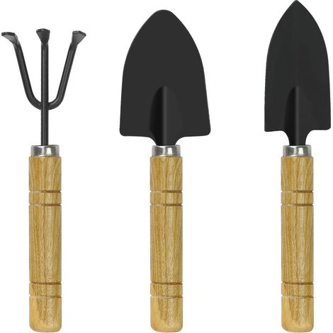 Set di 3 mini attrezzi da giardino con manici in legno e ferro - Nero (1/4)