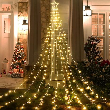 Décorations de Noël, Guirlande lumineuse étoile 317 LED extérieure, 8 modes, étoile sommitale 30 cm, arbre lumineux cascade, blanc chaud, pour fêtes et décorations de fin d'année (1/5)