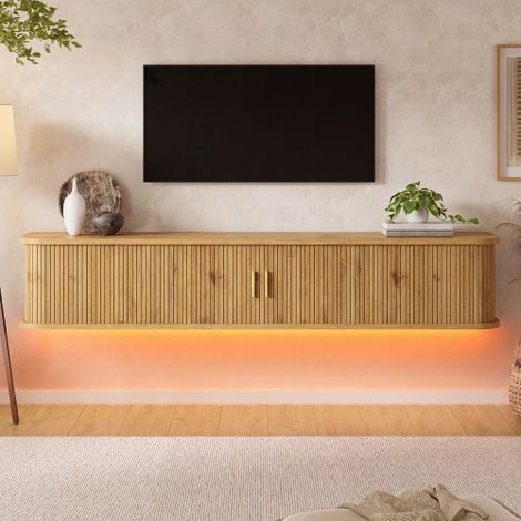 Meuble TV mural LED 175 x 30 x 30 cm avec portes coulissantes, tiroir et étagères réglables, MDF, naturel (1/5)