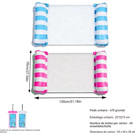 Hamac gonflable rayé pour piscine,fauteuil flottant aquatique à 2 bouées,matelas gonflable portable pour adultes et enfants-Rose+Bleu+Poche pour téléphone portable(sans pompe)(rayé)(2 pièces)
