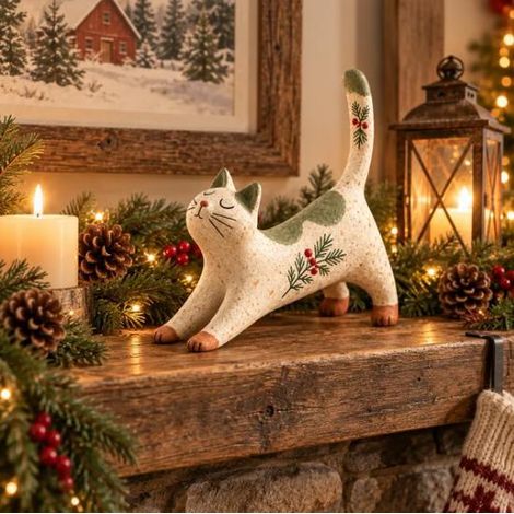 Woodland Christmas Cat Statue Resin Home Decor Interior Decoration (1/5)