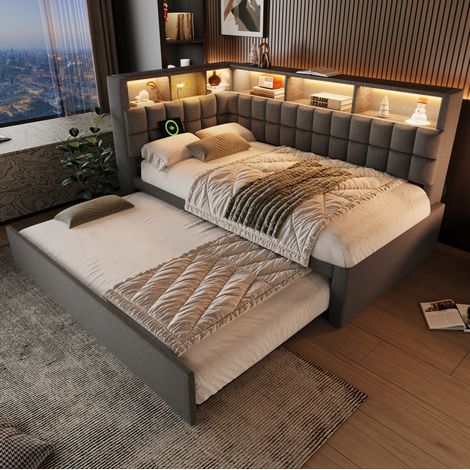 Ausziehbares Bett 90x200 cm mit L-Kopfteil, LED, Bluetooth, USB-C, Grau – OKWISH (1/5)