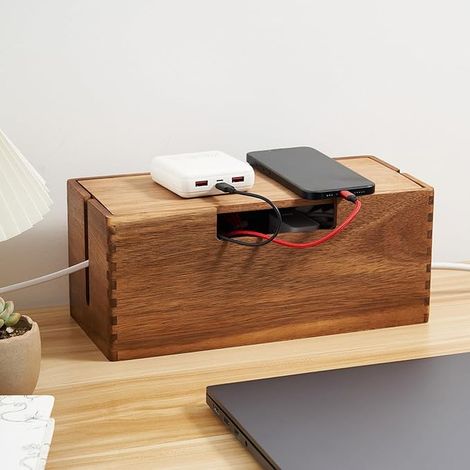 Acacia Wood Cable Management Box with Cover for Cable Hide for TV, Office and Floor, Living Room, Home Office (Under Table Cable Storage Box) (1/4)