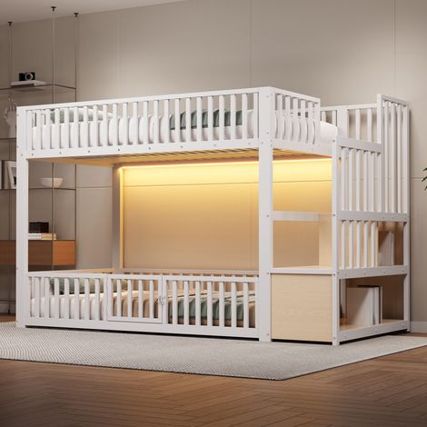 Lit superposé en métal 90x200 cm - avec échelle de rangement - barrière de sécurité - MDF - Blanc (Matelas non inclus)