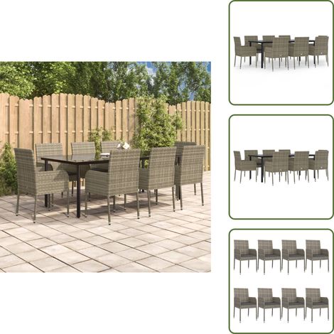 The Living Store 9-tlg. Garten-Essgruppe mit Kissen Schwarz und Grau Poly Rattan - Gartenessgruppe (1/5)