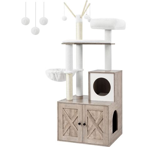 Feandrea – Arbre à chat 2-en-1 avec cache-litière – Griffoir moderne en sisal naturel – Dimensions 57,5 x 50 x 140 cm – 3 pompons de rechange inclus