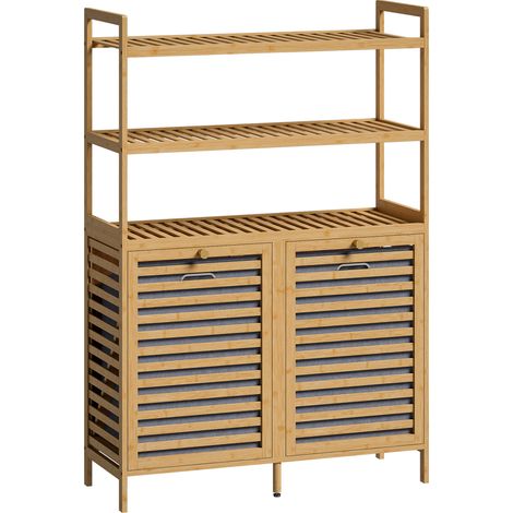 Mobile Porta Biancheria Doppio 80x30x118 cm Inclinabile 2 Cesti 3 Ripiani in Bambù Colore Rovere (1/5)