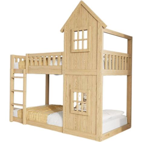 Lit superposé enfant 90x200 cm avec 2 fenêtres décoratives, escalier 3 marches, lit cabane avec garde-corps intégral, naturel (1/5)