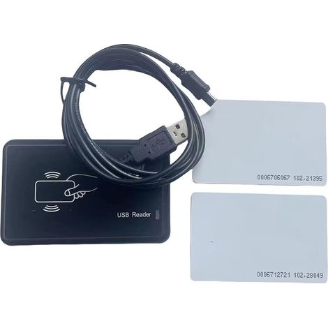 Lecteur de carte RFID 125 kHz EM4100 Lecteur de carte d'identité de bureau Interface USB + 2 cartes d'identité (8H10D-1) (1/4)