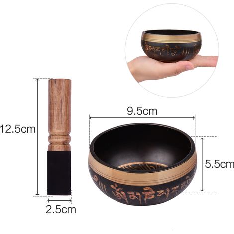 Tibetisches Klangschalen-Set mit handgefertigter 9,5 cm Metall-Klangschale, weichem Kissen (Farbe zufällig) und Holzklöppel für Meditation, Klangheilung, Chakra-Heilung, Yoga und Entspannung (1/4)