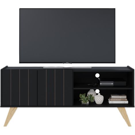 Meuble TV Bar 55 Pouces Noir Pieds Bois 2 Portes 3 Niches L 135.8 H 58.7 P 36.1cm (1/5)