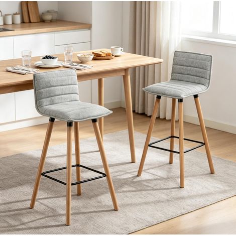Set de 2 taburetes de bar 48x48x99,5 cm de tela y madera gris FloraGrace (1/5)
