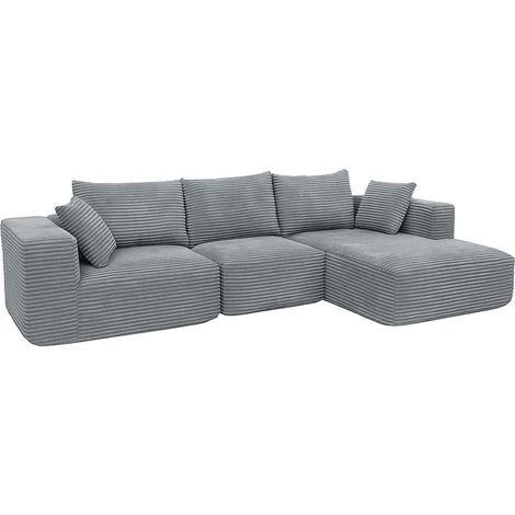 [NON UTILIZZATO] Set divani sofà HHG-934, divano a 3 posti lounge, stoffa/tessuto a coste (370 g/m²) penisola a sinistra, grigio chiaro (1/5)