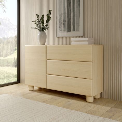 Aparador Hanerito, Alacena 3 Cajones, un Estante, Puerta Abatible, Deslizante, 130x38x80h cm Roble Marrón (1/5)
