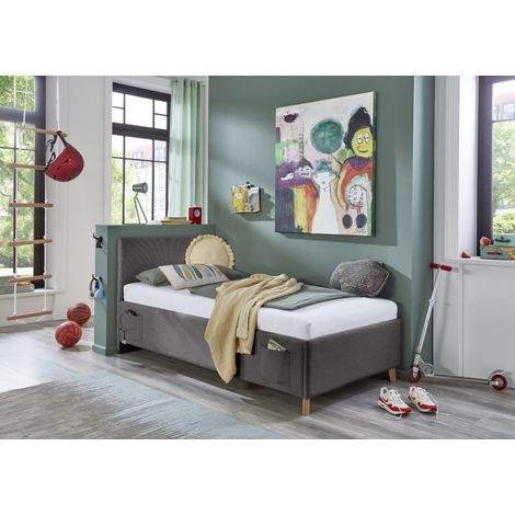 Meise Möbel Kinderbett Cool 90x200 cm  Bettkasten & Lattenrost  Cordstoff Anthrazit  Holzfuß eichefarbig (1/5)
