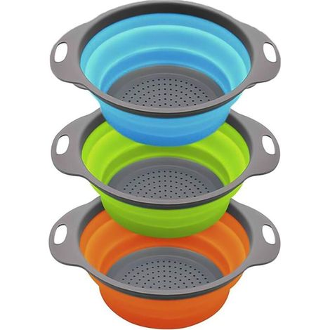 Passoire de cuisine pliable / Lot de 3 passoires, Passoire pliable en silicone, Passoire de cuisine pliable, Panier passoire pliable, Idéal pour les pâtes, les légumes, les fruits (Bleu, Vert, Orange)