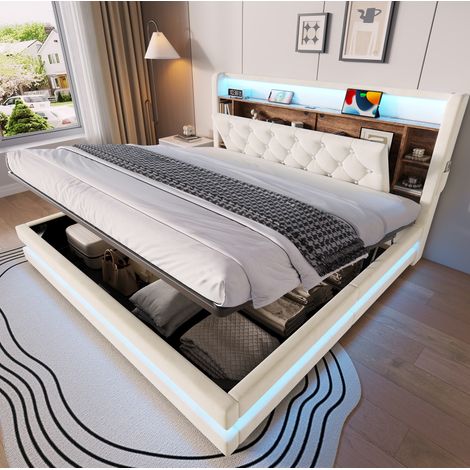 Lit coffre 180x200 en velours beige, LED, USB-C et tête de lit multifonction OKMYHOME (1/5)