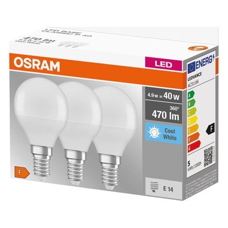 Esfera de LED mate con radiador E14 4.9W frío caja de 3 - Osram