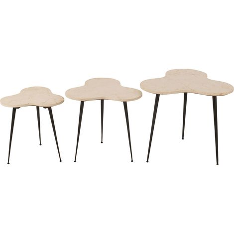 Lot de 3 tables d'appoint 61, 52 et 43 cm en marbre beige et métal