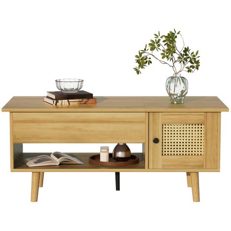 Élégante table basse avec plateau relevable et portes en rotin – Finition bois aux accents noirs – Idéale pour le salon – Rangement pratique et design fonctionnel