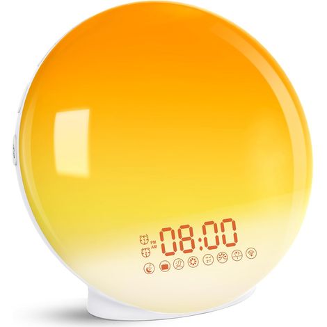 Réveil à lumière de réveil - Simulation de lever/coucher de soleil, 2 réveils, 7 sons naturels, radio FM et fonction snooze, pour adultes et enfants