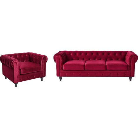 Set da Salotto Divano + Poltrona Chesterfield Velluto Rosso Gambe Nere Chesterfield (1/5)