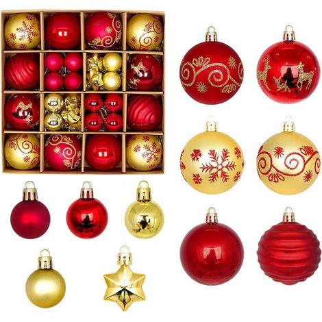 Weihnachtsbaumschmuck-Set, 44-teilig – leichte, hängende Weihnachtskugeln aus Kunststoff in Rot-Gold-Optik – mit Aufhängehaken – wiederverwendbare Weihnachtsdekoration für Zuhause, Partys und Hochzeit (1/5)