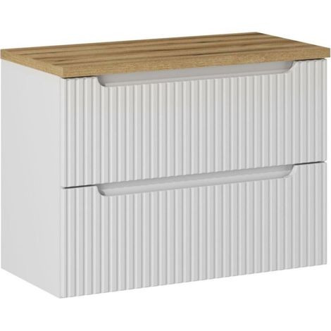 Badezimmer-Set VANO weiß 80cm: Unterschrank mit gerillten Schubladen + Waschtischplatte in heller Eichenoptik