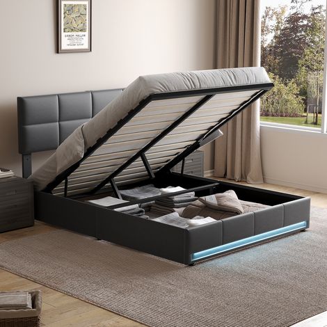 Gepolstertes Doppelbett 160x200 cm, dunkelgrauer Samtbettrahmen, Kopfteil mit USB + Typ-C Ladestation, Stauraum + LED-Beleuchtung