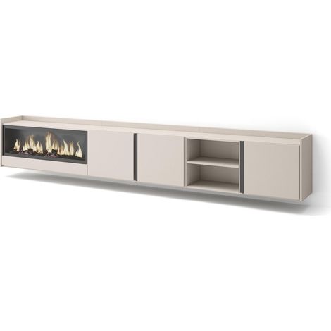 Skraut Home - Meuble TV, Banc Télé, Grand espace de Rangement, 315x35x50cm, Pour les TV jusqu'à 80", Cheminée électrique XXL, Suspendu, Mural, Style moderne, Beige (1/5)