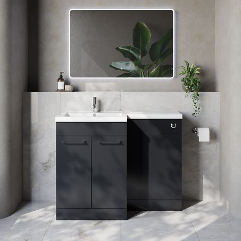 Napoli 460 Gloss Grey 1100mm 2 Door Vanity Unit Toilet Suite with Left Hand Square Lucia Basin - 1100mm - Chrome 160mm HandleWithout Kingston Toilet Pan