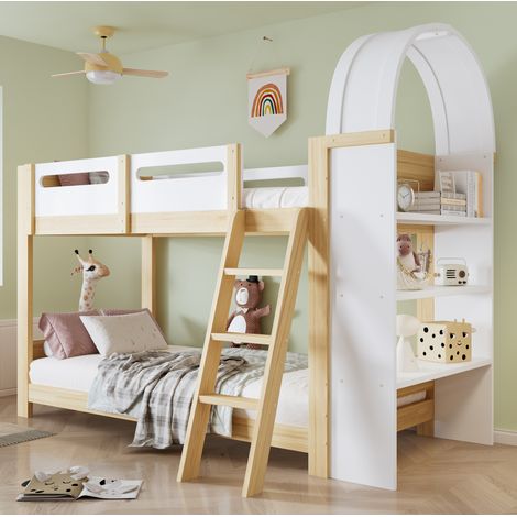 Letto a castello per bambini 90x200 cm bianco naturale, struttura in legno con scaffale (1/5)