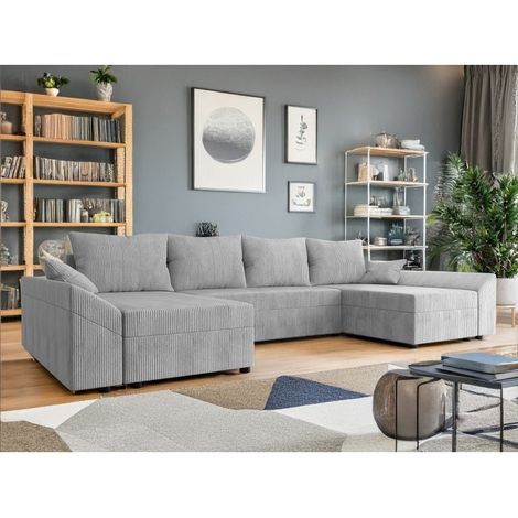 Tendencio – Canapé d'angle panoramique en U convertible – Velours côtelé gris – 5 places – Coffre de rangement intégré – Dimensions 316x138x82 cm