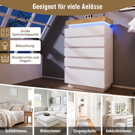 Commode blanche haute brillance, buffet 6 tiroirs avec éclairage LED (commande par appli), meuble de rangement polyvalent pour salon et chambre, 115 x 73 x 39 cm (1/5)