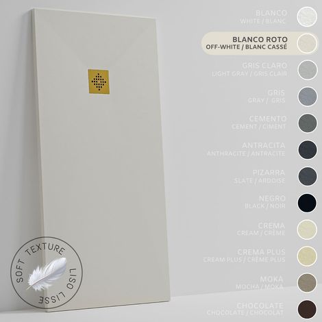 SOULHOME Receveur de Douche -Résine -Gel Coat -Texture Lisse Soie -Antidérapant -Couleur Blanc Cassé - 130x80- Extra plat 3cm. GRILLE DORÉE (1/5)