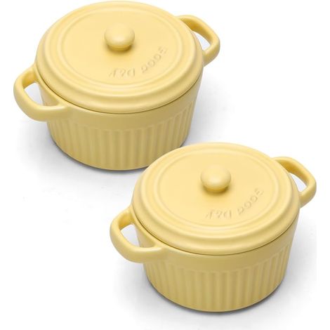 Mini cocotte avec couvercle, plat à gratin en céramique avec poignées et couvercle, petits plats ronds pour lasagnes, soufflés, crèmes brûlées, desserts, pour micro-ondes et four (jaune, S- 250ml-2pc)
