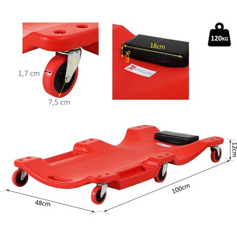 Chariot de montage moto, appui-tête, porte-outils, résistant à l'huile, charge 120 kg, rouge (1/5)
