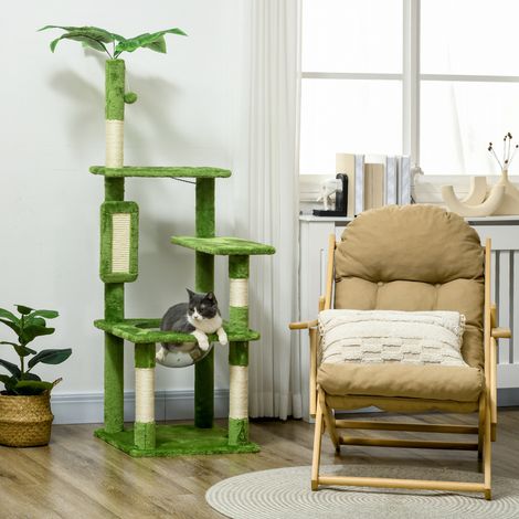Árbol rascador multinivel para gatos con hamaca, poste rascador, pelota y hojas decorativas, 49x49x142 cm, verde (1/5)