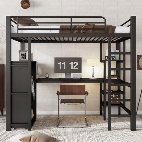 Letto a soppalco 90x200 cm in ferro con tavolo, armadio e scaletta a 5 gradini, per bambini e ragazzi, ferro + truciolato, nero (1/5)