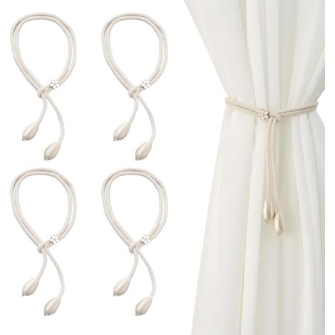 4pcs Embrasses de Rideaux, Embrasse pour Rideaux Grandes Perles, Design Tendance et Élégant, Embrasses à Rideaux Bohème, Cravates de Rideau Fait Main, Style Nordique, Longueur 100 cm, Couleur Beige (1/5)