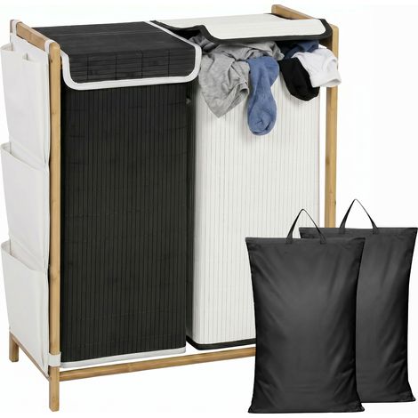 HOMCOM cesto de ropa sucia con tapa 120l de bambú con 2 compartimentos, bolsas extraíbles y lavables con cordón, bolsillos laterales, blanco y negro (1/5)